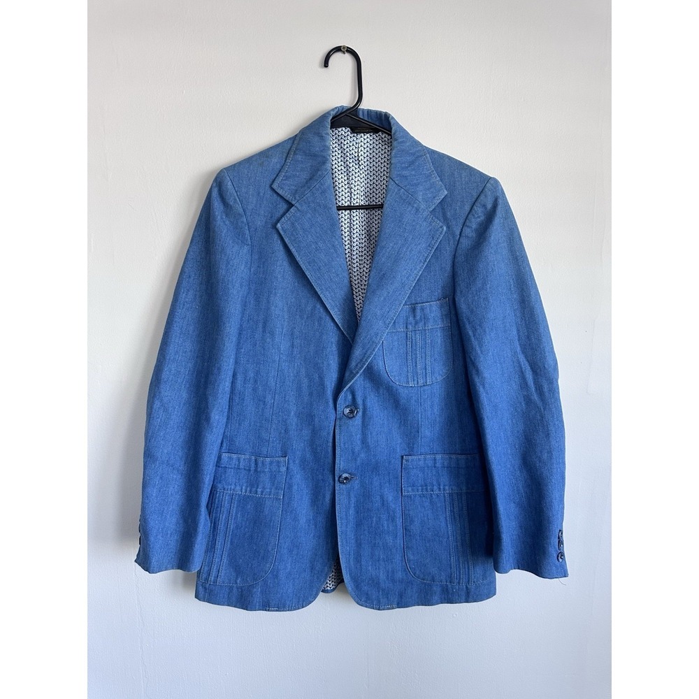 Vintage 70s Patch Pocket Blue Denim Blazer Size 38R Gallery Haggar‎